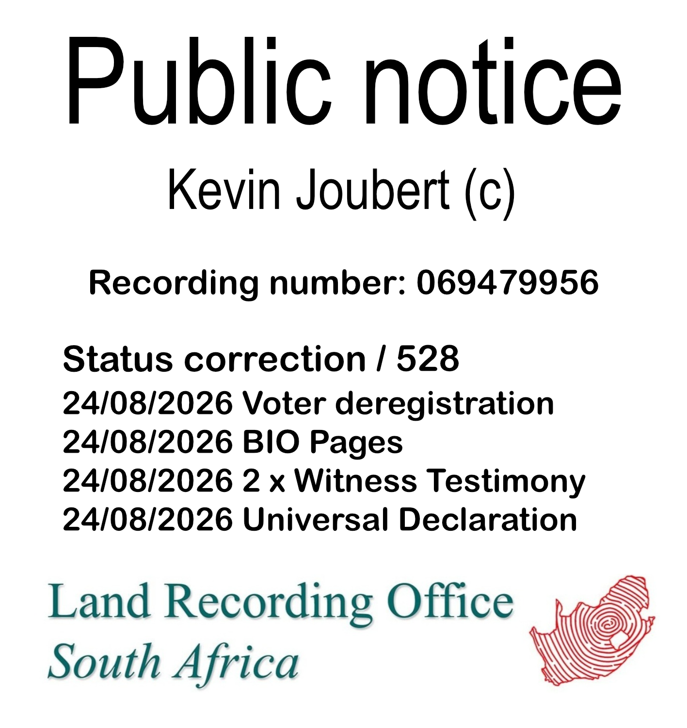 Public notice Kevin Joubert Recording number 069479956